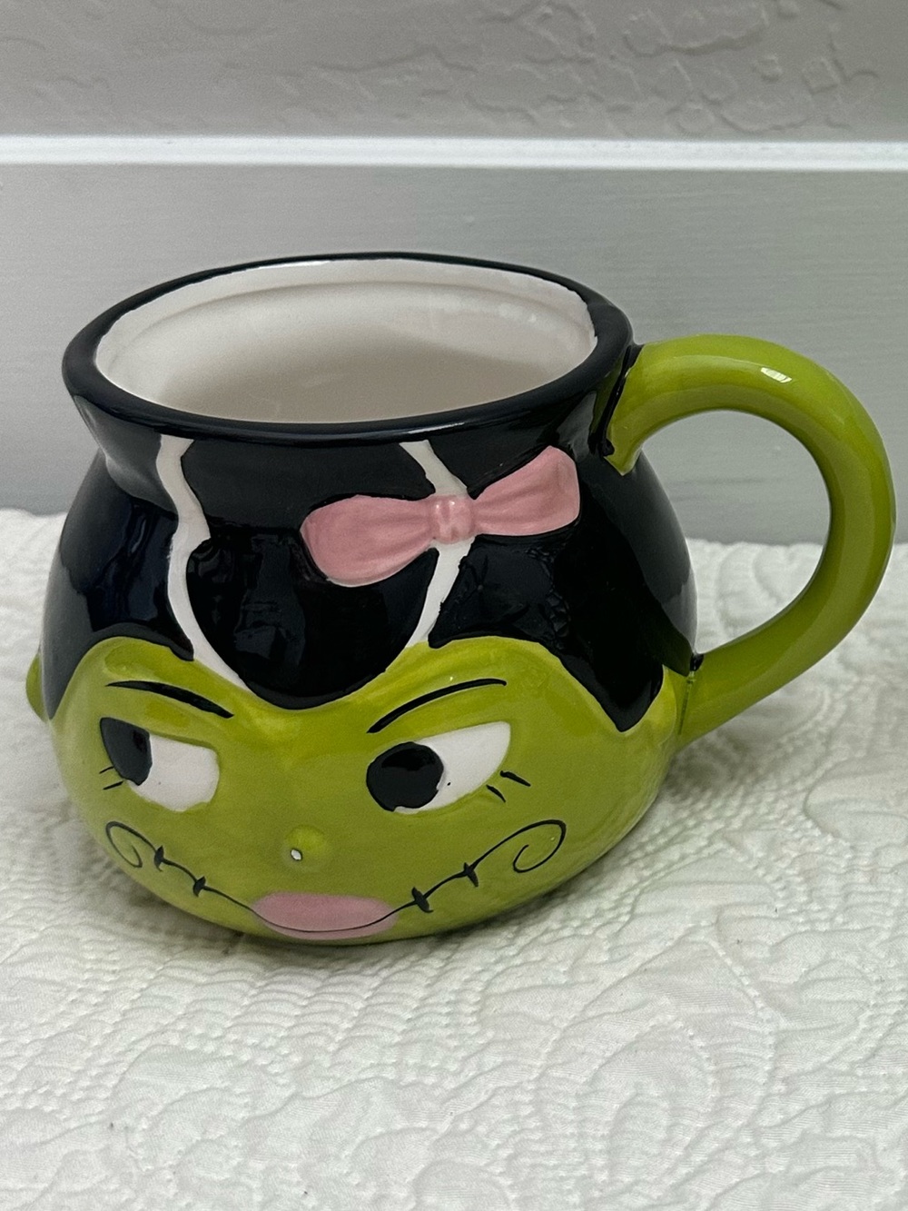 Bride of Frankenstein Halloween Ceramic Mug Pink Bow Spooky Cute Coffee Cup - Picture 2 of 6